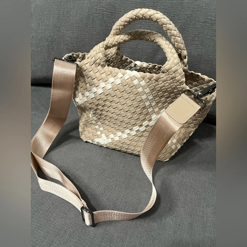 NAGHEDI NYC Elegant Tan Camel 
Women's St Barths Mini Rope Tote w/ White Details - Picture 6 of 8